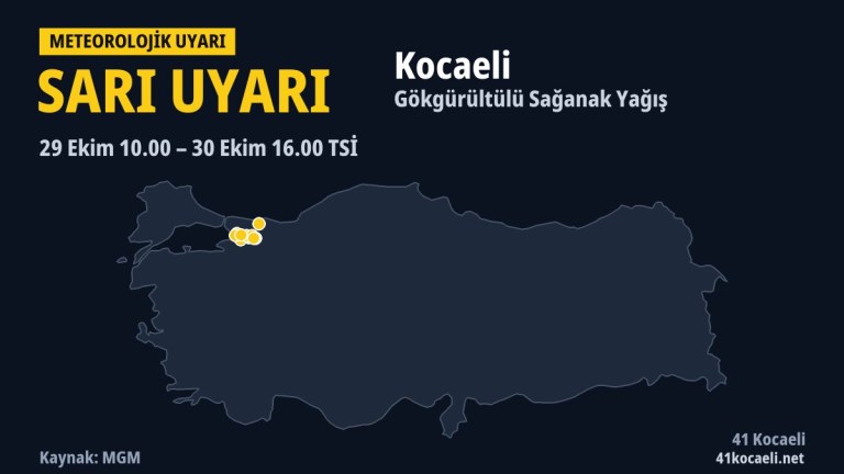Kocaeli için sarı meteorolojik uyarının kapsadığı yerleri gösteren Türkiye haritası (MGM verisi)